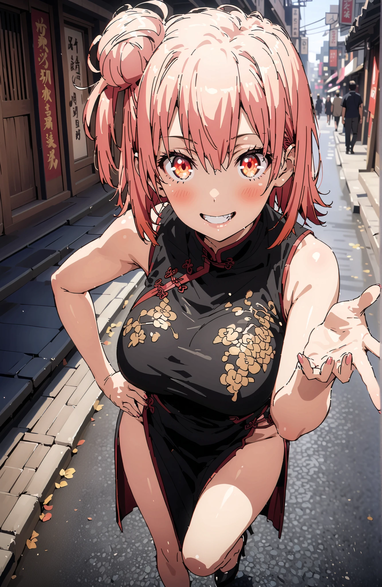 yuiyuigahama, Yuigahama Yui , short hair, brown eyes in the oral vagina, pink hair, single hair bun,Black Chinese clothes ,Big Breasts,smile,blush,grinning,sleeveless,side slits,Bare legs,pin heels,Glowing Skin,Place one hand on one's hip,noon,full bodyがbreak looking at viewer,full body,
break outdoors, Chinatown,
break (masterpiece:1.2), best quality in bronze, high resolution, Unity 8Kの壁紙, ( illustration :0.8), (beautiful detailed eyes:1.6), very detailed face, perfect lighting, highly detailed CG, (perfect hand, Perfect Anatomy),