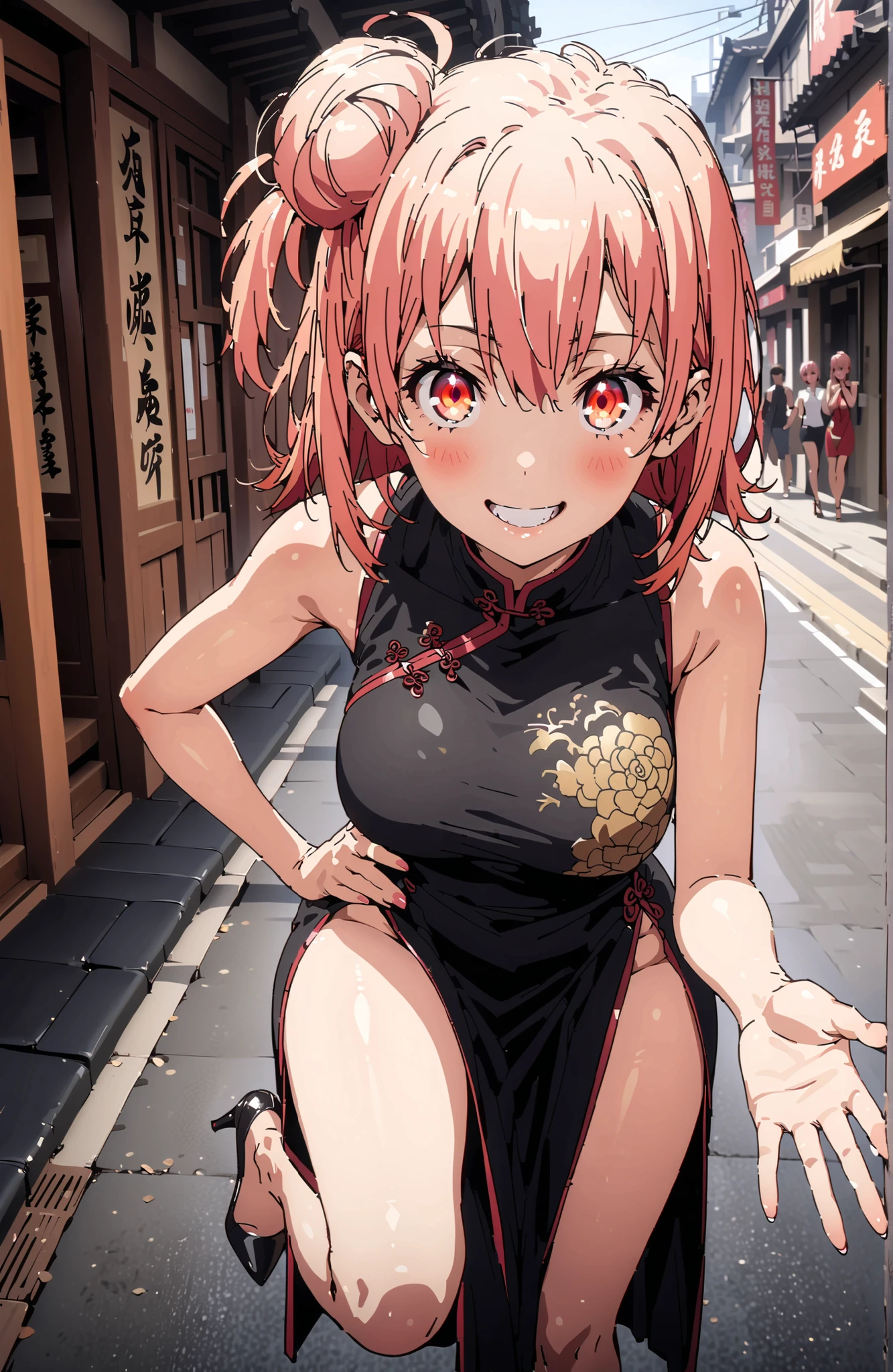 yuiyuigahama, Yuigahama Yui , short hair, brown eyes in the oral vagina, pink hair, single hair bun,Black Chinese clothes ,Big Breasts,smile,blush,grinning,sleeveless,side slits,Bare legs,pin heels,Glowing Skin,Place one hand on one's hip,noon,full bodyがbreak looking at viewer,full body,
break outdoors, Chinatown,
break (masterpiece:1.2), best quality in bronze, high resolution, Unity 8Kの壁紙, ( illustration :0.8), (beautiful detailed eyes:1.6), very detailed face, perfect lighting, highly detailed CG, (perfect hand, Perfect Anatomy),