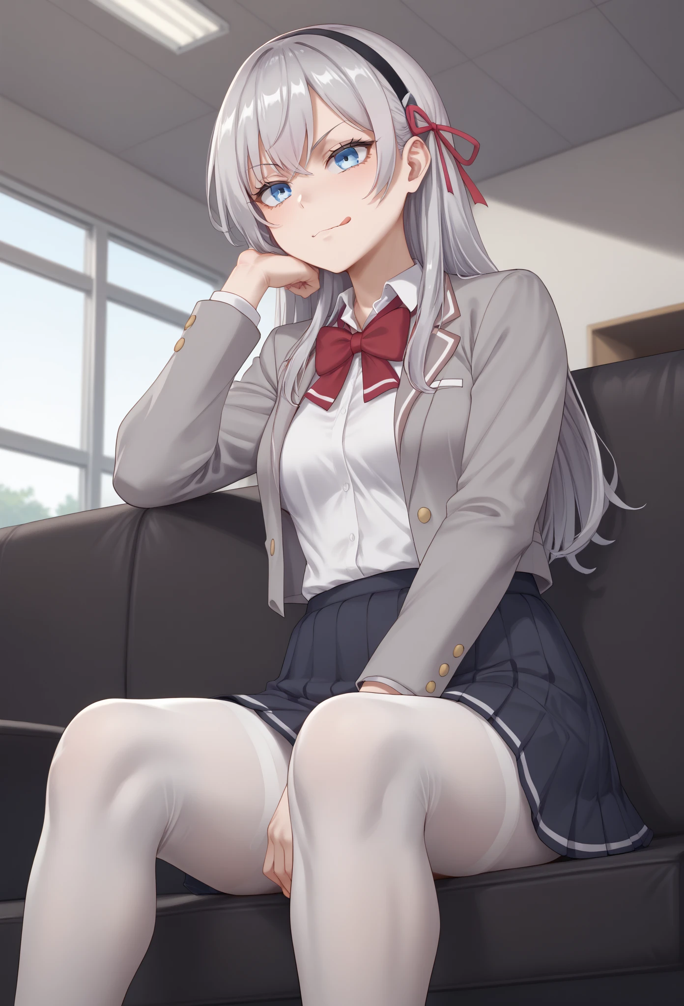 fictional Lady death, a lady sitting on red sofa, black attractive outfit, beautiful, grey eyes, proud, charming, intimate, appealing poses, relaxing(fantasy style)(lustful smirking smiley with face red blush)(wearing a schoolgirl uniform)(uniform tear aparts)