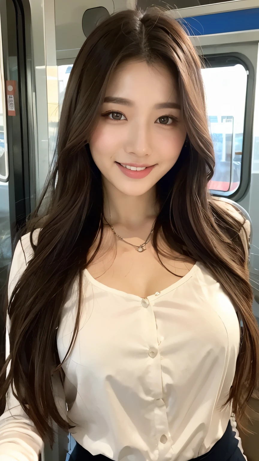 ((highest quality, 8k, masterpiece :1.3)), One Girl, close, Facing the camera,((Very attractive smile:1.2)),,Red lipstick,Dark lipstick:1.2,Beautiful woman, Big Breasts:1.4,White long dress:1.2,Highly detailed face, fine grain, double eyelid,  Blur the background, skyscraper, sunny,evening,cloud,City,Tokyo Tower, (Maximum resolution: 1.4), (Ultra high definition: 1.2), Cinematic Light, (Detailed skin), (Detailed facial features), 8k resolution, Perfect Style, Beautiful expression、Highly detailed faceと肌の質感、((Pure white skin:1.2)),Glossy Lips:1.2、Detailed lips,Wet lips,((Full Body Shot:1.2)),(Straight Hairstyles、Light brown hair)、One-length long hair、175cm,From above