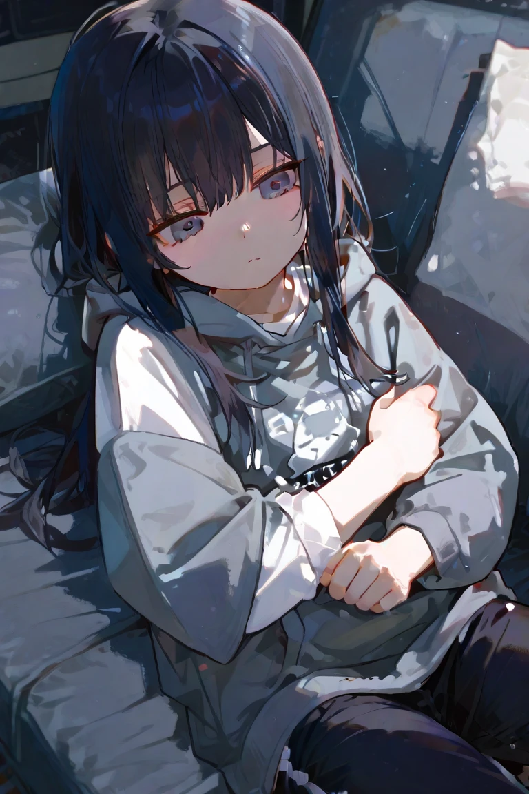 Highest quality, Volumetric lighting, Cinema Lighting, masterpiece, Ultra-high resolution, 4K, (Soft, round and detailed face), (Sad expression), (Detailed blue eyes), Sagging under the eyes, Thick eyebrows, Pushed down, smile、 (very pale skin), Detailed black hair, ((Long, dirty, oily hair)), (Plain black hoodie), Black stud earrings, Black nail polish, Unwashed, Sloppy, Disarray,room、bed、Lying down