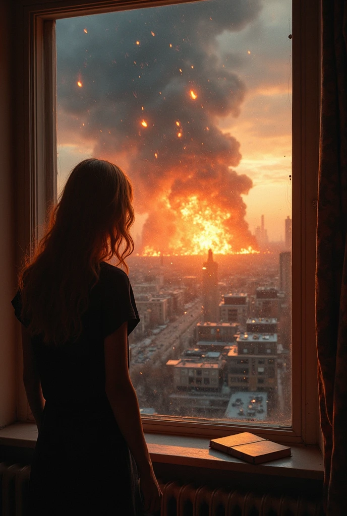 A cracked and slanted living room , with a television with dust in the light , visible as a flashlight, showing breaking news about a devastating attack on the capital. the news shows terrifying images of buildings in flames and reduced to rubble, a black and toxic cloud covering the city, and people are running in panic. The environment around Bruna and her sister, , your clothes are dusty, and there's a tear in the sleeve of the blouse, is in chaos: The television is on, and the distant sounds of sirens and screams are almost palpable. the screen says urgency, Alert,