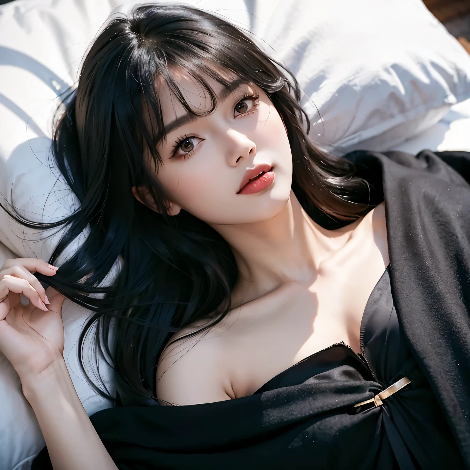 20 year old girl, Slim, long black hair, Hair loose,bangs on her head, Brown eyes, black standing cape, black street coat,  chapter, perfect breasts, Chest down,Mouth open, Tongue visible,lying on his back on a modern bed, Lying flat, Perspective from above, view from above, portrait