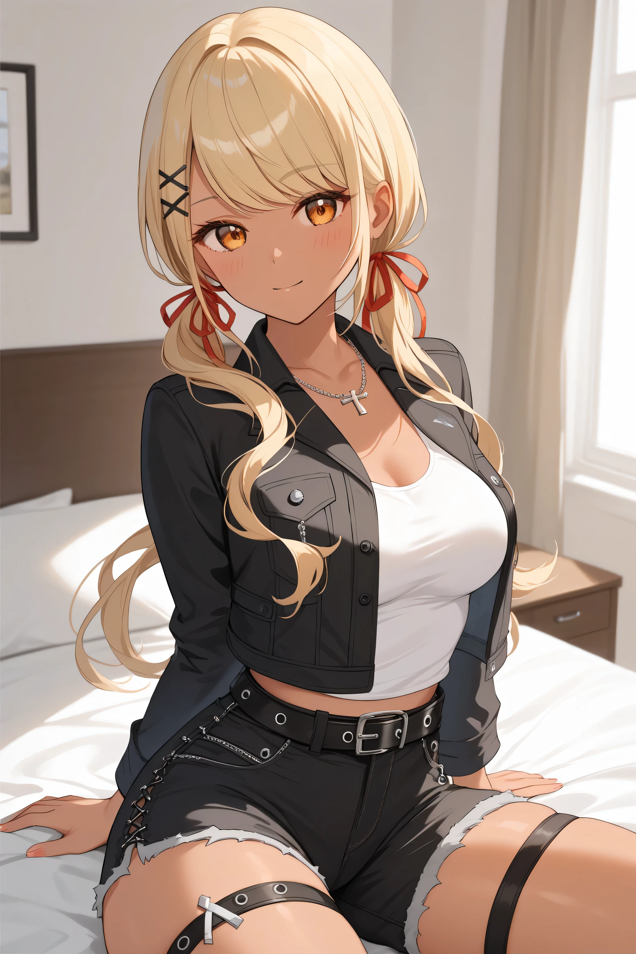 master piece、Best Quality,Super detailed,High resolution,score_9, score_8_up, score_7_up, score_6_up, score_5_up, score_4_up, QpiCas, orange eyes, dark skin, blonde hair, long hair, swept bangs, low twintails, x hair ornament, black hair ribbon, necklace, white tank top, cross-laced clothes, black jacket, cropped jacket, long sleeves, midriff, black belt, black shorts, thigh strap,professional quality、big hip、medium breasts,nsfw,bed room,nsfw,thick thighs,wide hips,NSFW,big butt,Official Art,mature female