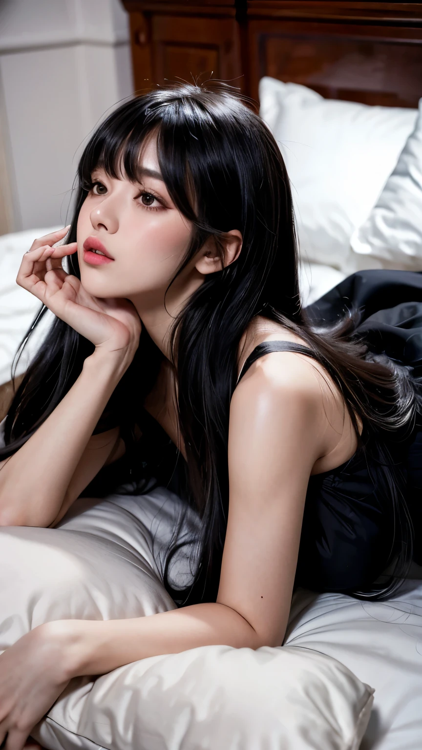 black hair, white pillow, white linen, remove hand