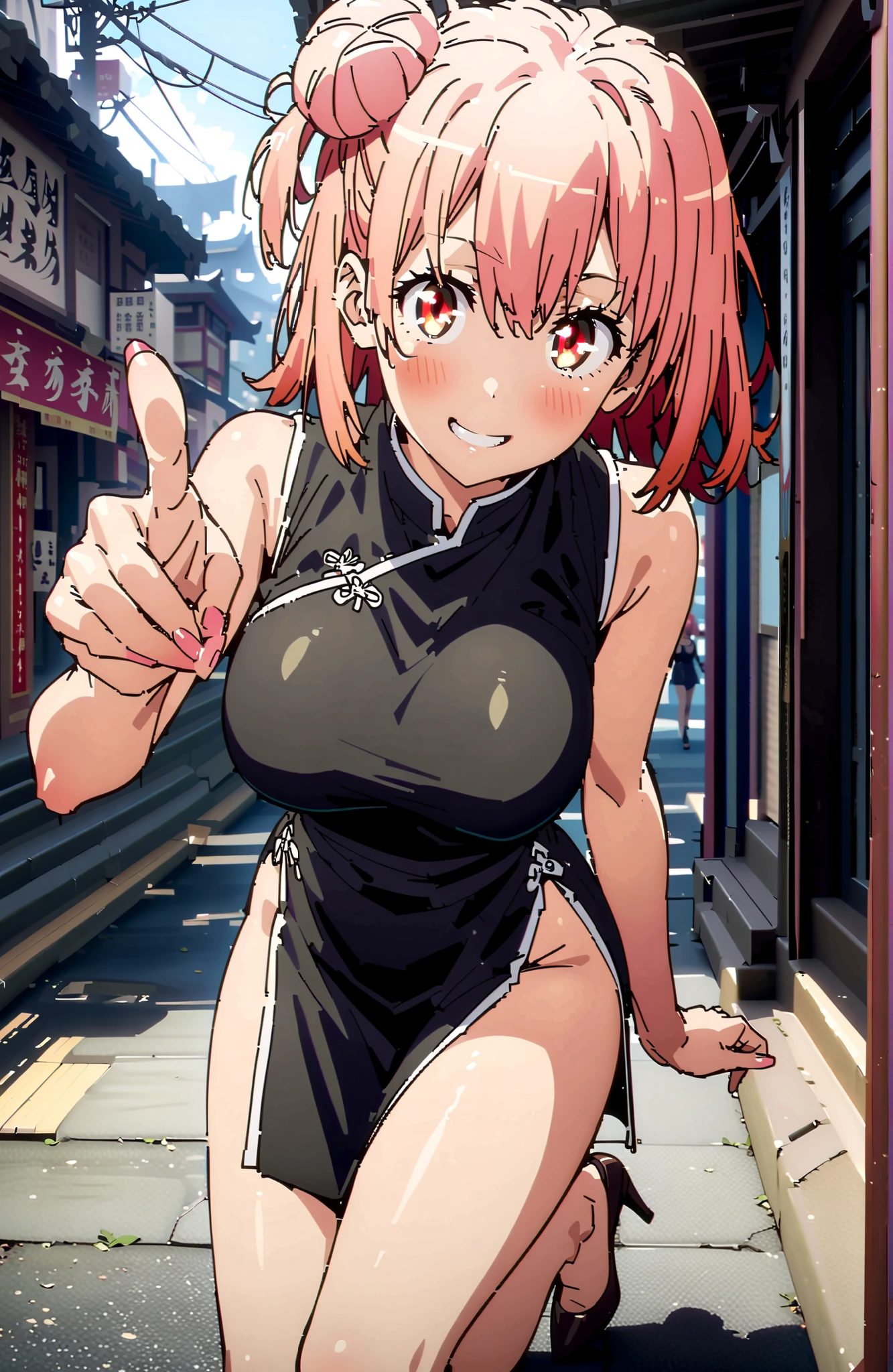 yuiyuigahama, Yuigahama Yui , short hair, brown eyes in the oral vagina, pink hair, single hair bun,Black Chinese clothes ,Big Breasts,smile,blush,grinning,sleeveless,side slits,Bare legs,pin heels,Glowing Skin,Place one hand on one's hip,noon,full bodyがbreak looking at viewer,full body,
break outdoors, Chinatown,
break (masterpiece:1.2), best quality in bronze, high resolution, Unity 8Kの壁紙, ( illustration :0.8), (beautiful detailed eyes:1.6), very detailed face, perfect lighting, highly detailed CG, (perfect hand, Perfect Anatomy),