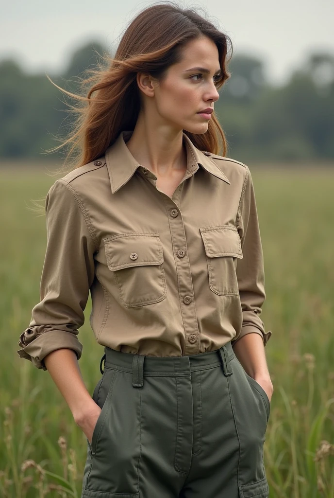 Blonde woman, shoulder length hair, wearing glasses, dressed in safari clothes African safari, no background
