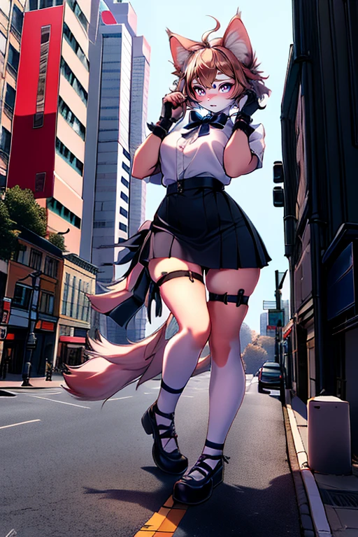 The huge giantess girl in the city dominates the little people and tries to step on them, the giantess standing over the people, the giantess raised leg, ready to crush the crowd of people, a clear day, people run away from the giantess in a panic, the giantess's evil gaze, the slender giantess, daylight on top, pink cute hair, foot above people, raised leg
