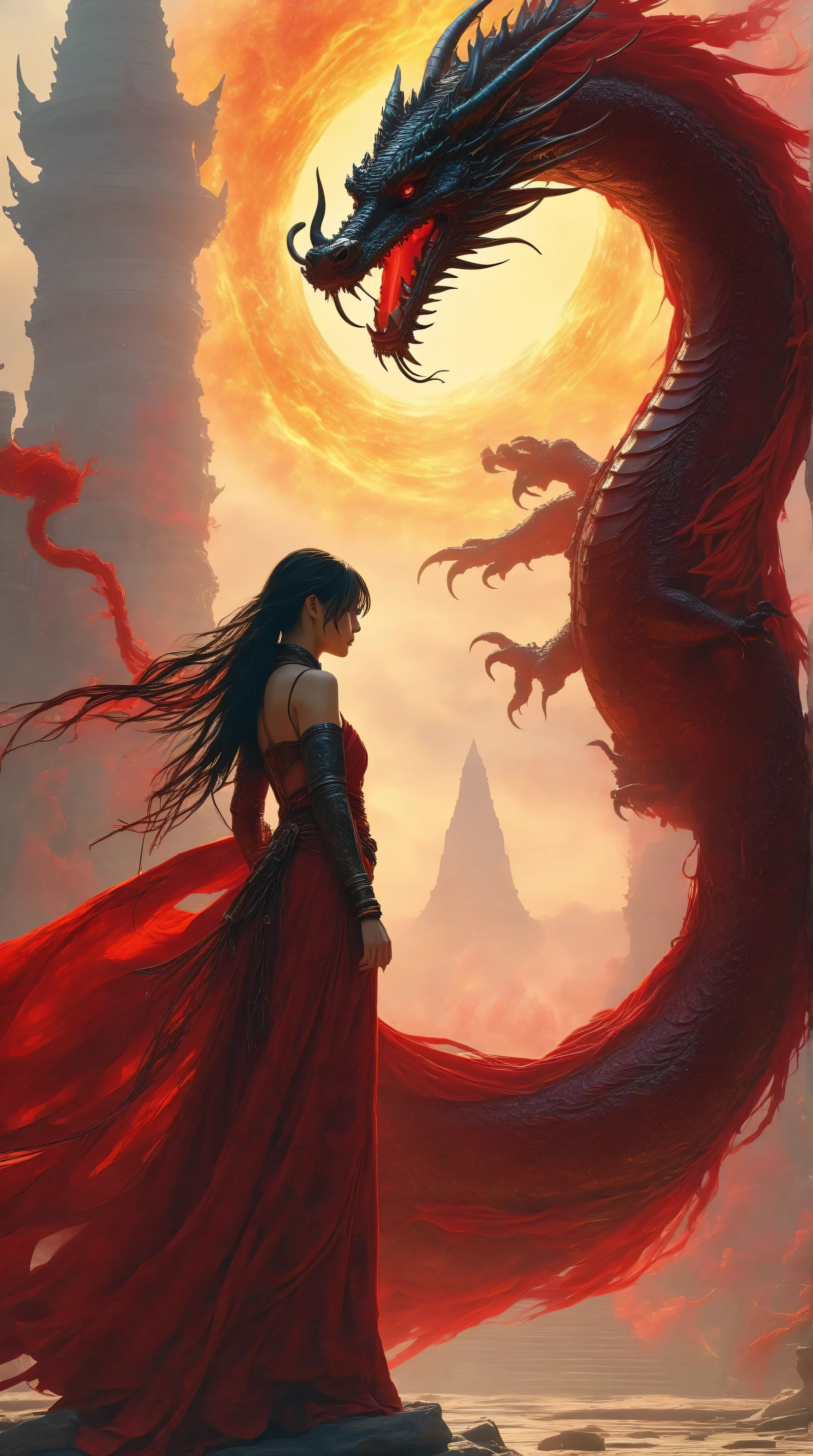 "Before the colossal gate adorned with dragon statues, she stands as if summoned by destiny. Ethereal mist coils at her feet, and the sky above burns with a tainted crimson twilight. A radiant beam pierces from the heavens, illuminating her like a fallen goddess. The red cloth around her dances like fire, and her presence is overwhelming—both sacred and ominous. The trial awaits. The gate begins to open."