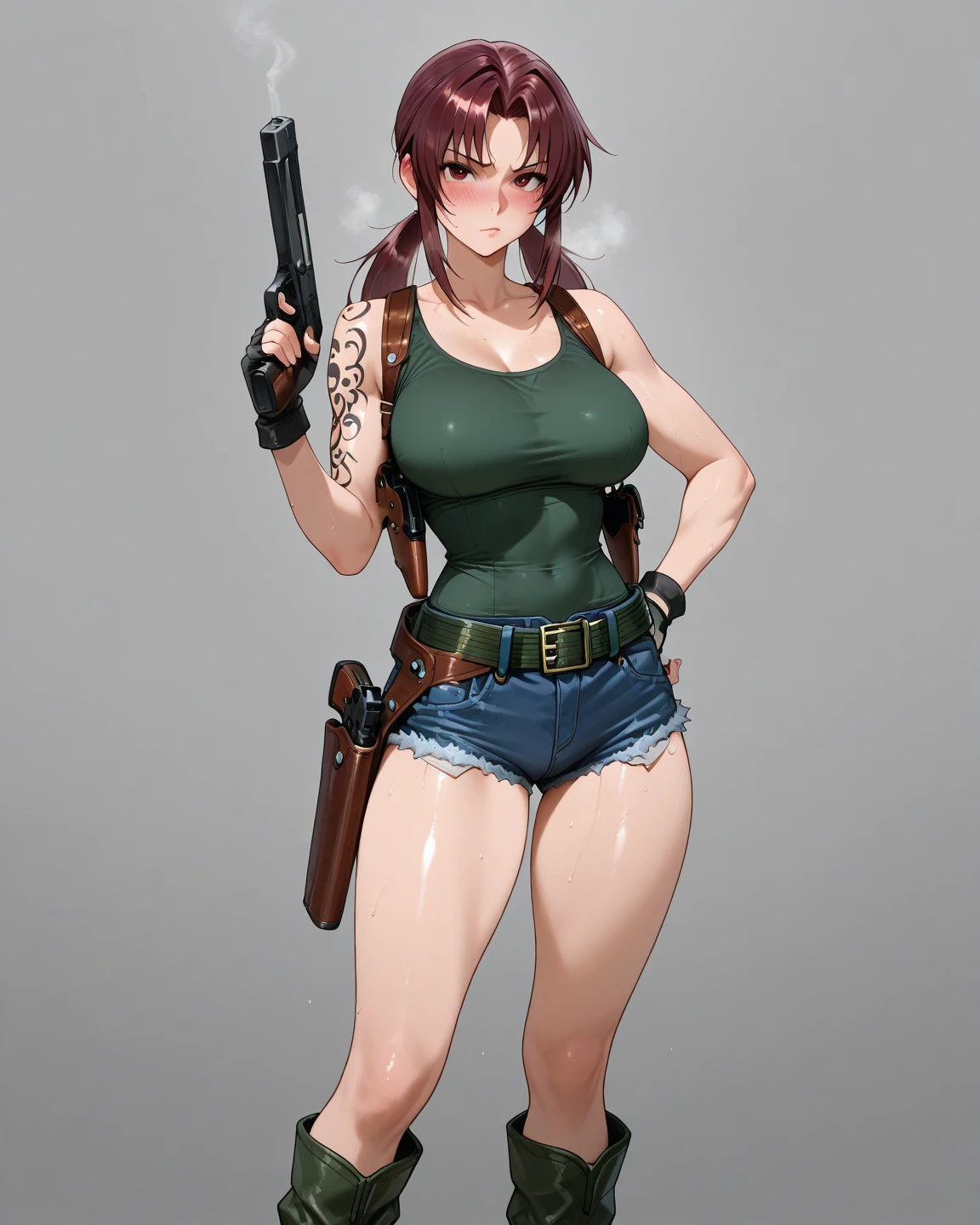 girl,big breasts,Bikini Tops,hot pants,gloves,smile,boots,Knee-high socks,full body Shot,hand pistol,