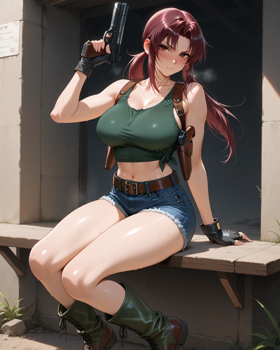 A woman in a tank top and full-zip shorts making salsa sauce at a taco stand　Jeans have belts　Belly button piercing　　There are side slits　Big butt　Detail the buttocks　Detailing the groin area　Up to the thighs　High leg　Swirl Eyes