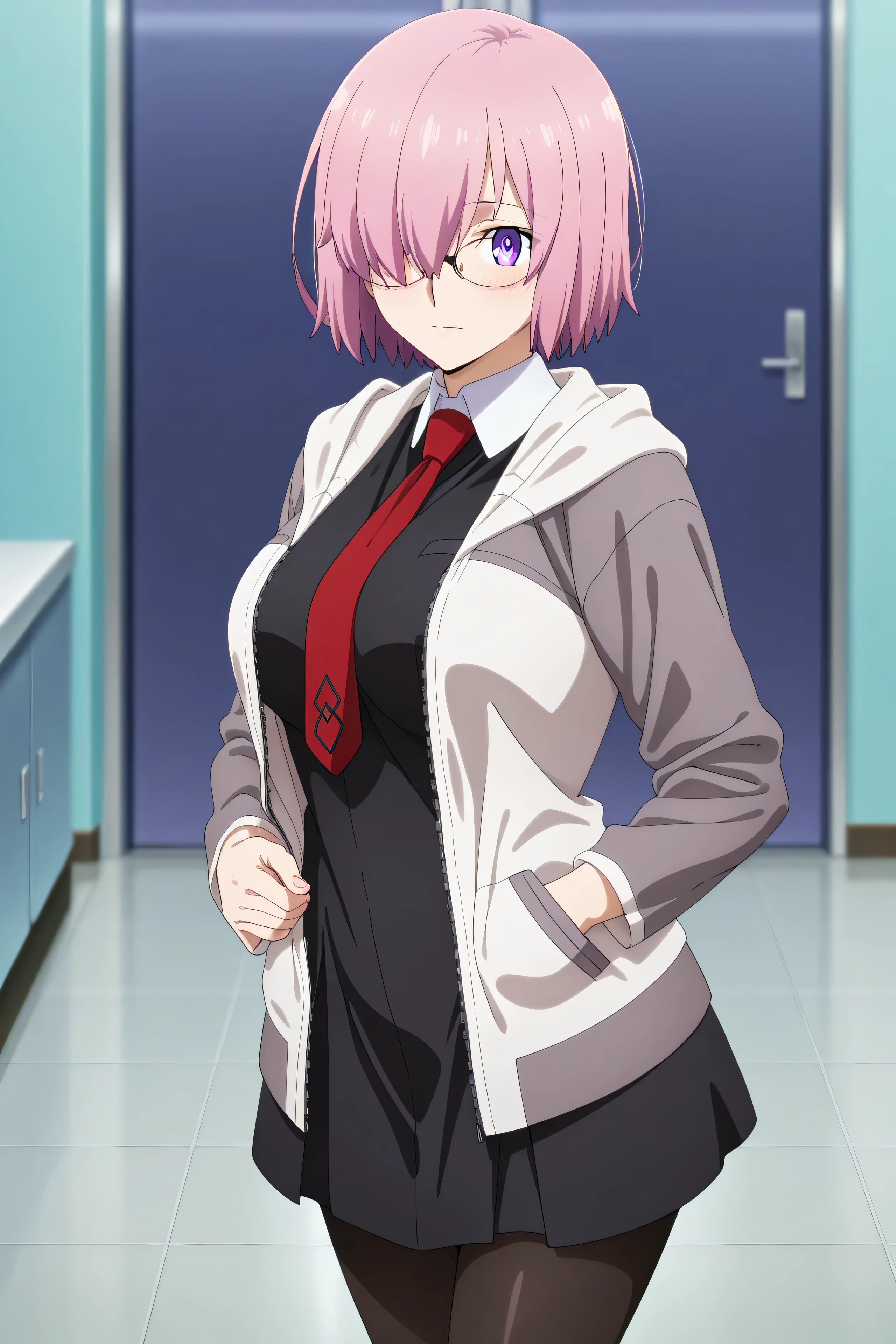 anime coloring, anime screencap、best quality, masterpiece, 1girl, aamash, short hair, pink hair, hair over one eye, glasses, purple eyes, red necktie, collared dress, black dress, jacket, open jacket, long sleeves, black pantyhose,mature female