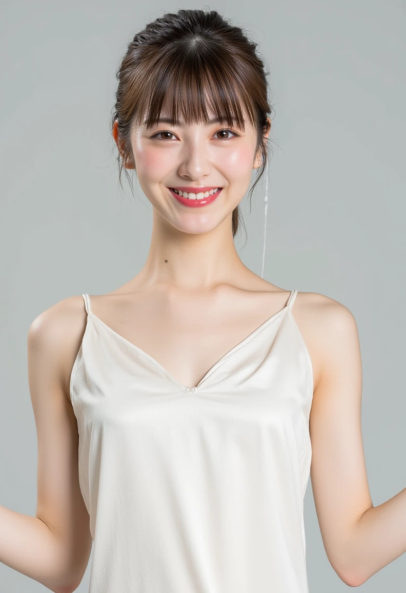 *The image is a portrait of a thin and small young woman named Riko posing for a photo. She has a short stature, Snow-white skin, Narrow shoulders, narrow waist. Light red lips. She is smiling at the camera. Her bron hair is tied up with bangs and is wearing a sleeveless, see-through white silk dress with V-neck, and reveal her collarbone and cleavage. Her arms spread out to both sides, as if welcoming a hug. She was completely soaked, and a lot of sweat could be seen on her snow-white skin. 
﻿
*The background is a studio, and the lighting in the studio shows that the woman's skin in the photo looks very fair. 