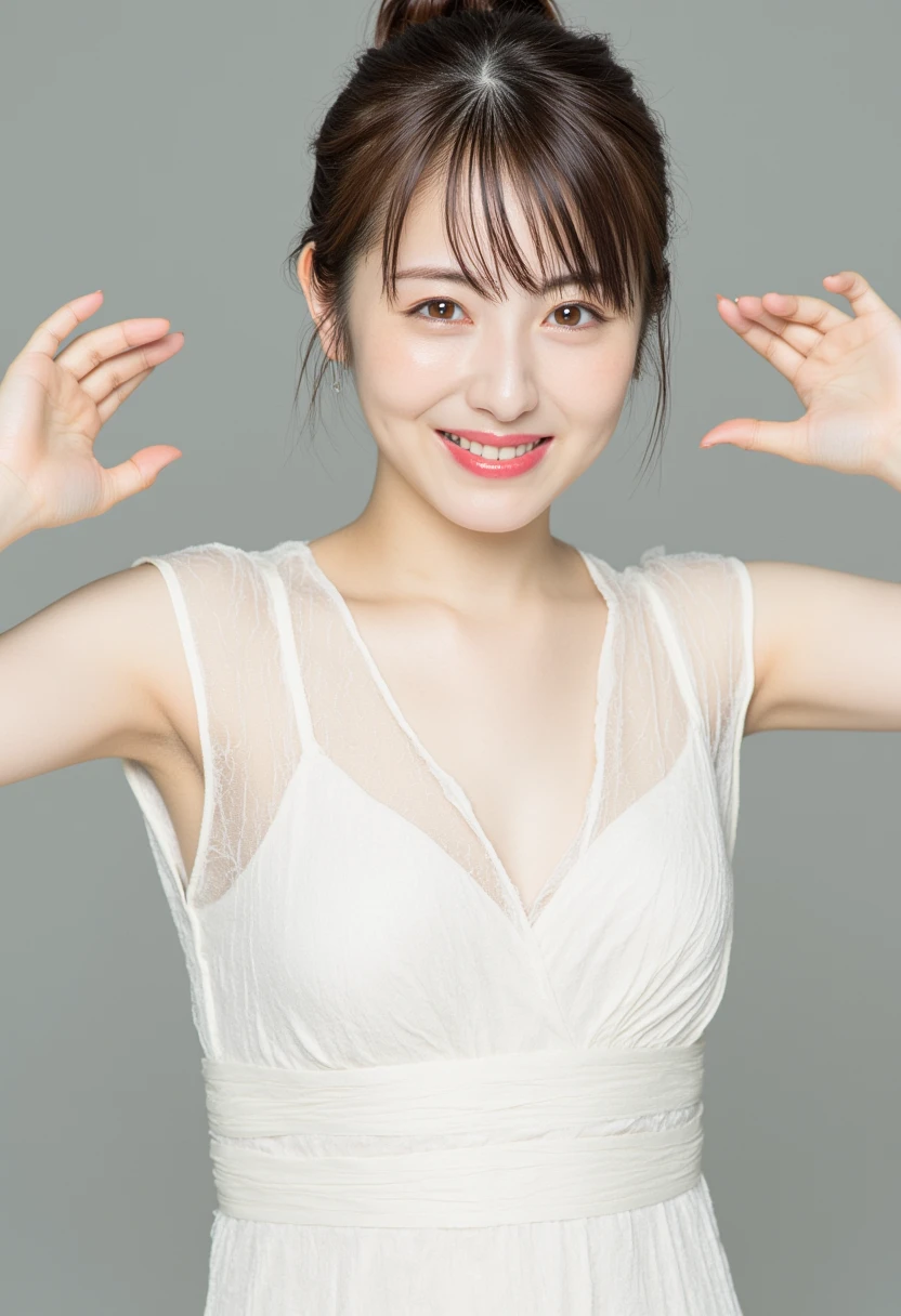 1girl, 25 years old woman, medium breasts, cute face, beautiful face, (perfectly detailed face), (((Hands behind the body))), ((Move your hands out of the frame)), (looking at viewer), Simple Background, ((white background)), ((white wallpaper)), photorealistic, (bokeh), UHD, anatomically correct, highres