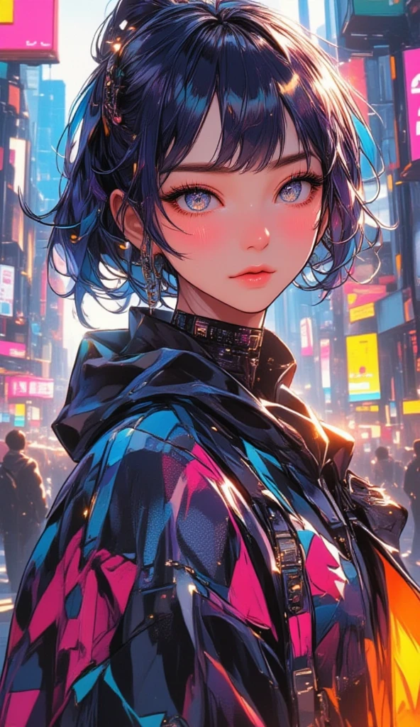 attractive Rebecca from Cyberpunk, looking stunning. She should have her signature edgy style, with vibrant, futuristic clothing that accentuates her figure. Capture her confident and bold expression, set against a neon-lit, cyberpunk cityscape, filled with towering skyscrapers and bustling streets. Emphasize her striking appearance and the high-tech, dystopian atmosphere. Cyberpunk, Futuristic, Female Protagonist, Neon, Urban, Edgy Style, Dystopian.