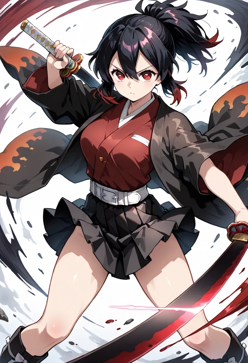 1girl, tall girl, 24 years old, red kimono dress, black rice hat with ornaments, holding obsidian katana, falling pose, angry, dark misty background