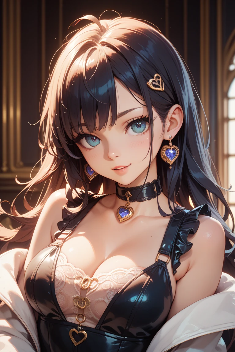 masterpiece,highest quality, Very detailed, High resolution, expensive resolution, High resolution, 4K, 8k, unity 8k wallpaper, Very detailed CG, masterpiece, 2D, 3D, Beautiful details, depth, Fine texture , highest quality: 1.3, Fully focused, Crispy.skin, .he,
Very cute anime girl 、idol, Large Breasts、Pink medium-long hair wearing expensive , Mole under the eye, looking at the viewer , expensive , blush, Mole, Lips parted, Pink Eyes, Heart-shaped choker smile