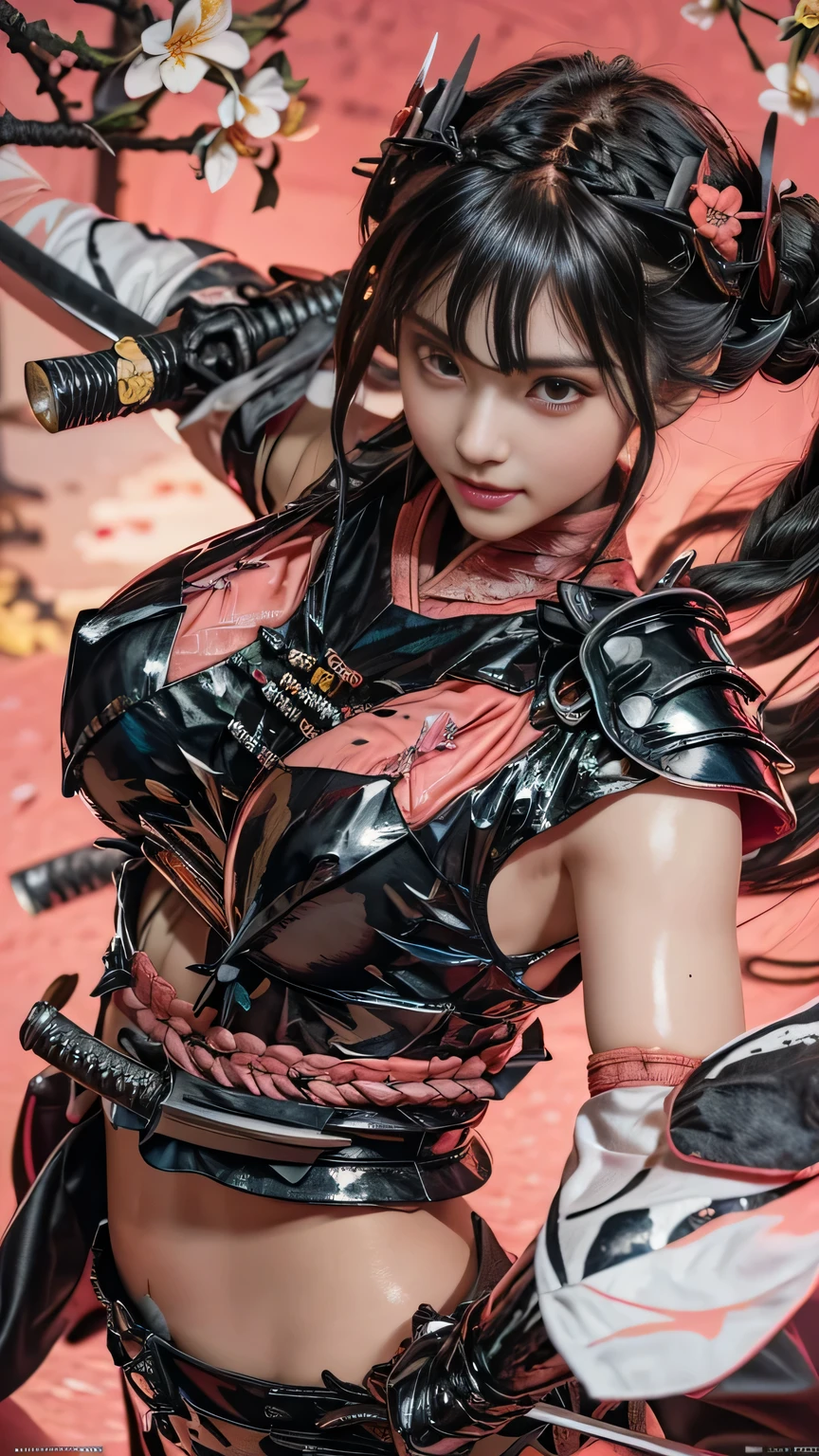 a woman holding a sword in a dark room, 2. 5 d cgi anime fantasy artwork, holding a black katana, stuning fantasy 3 d render, holding katana, unreal engine character art, unsheathing her katana, she is holding a katana sword, yasuke 5 0 0 px models, dramatic wielding katana pose, holding a katana, background color smoked, Red leather jacket.