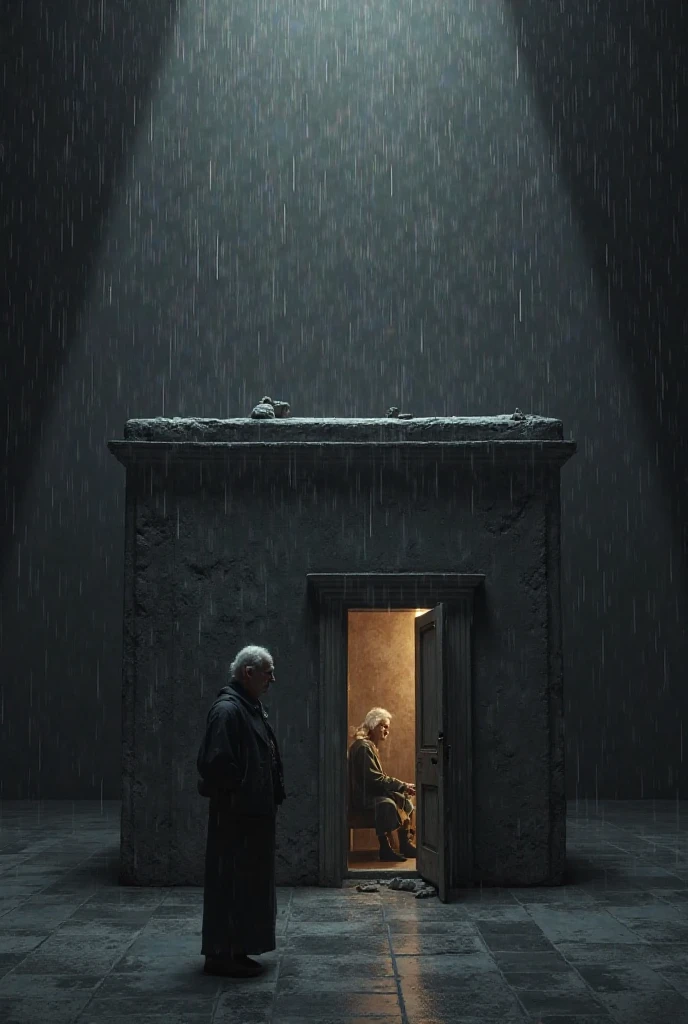 It's a warehouse. There are two floors. A man in suit is sitting down tied to a pole and his one leg is in shackel. He is looking up on the first floor where the floor is missing except for a iron slab and a woman wearing all black, a mask, a cap is crouched on the iron beam looking down at the man. Show the whole warehouse and show man and women a bit small
