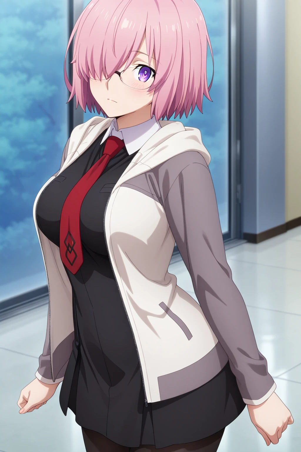 anime screencap、best quality, masterpiece, 1girl, aamash, short hair, pink hair, hair over one eye, glasses, purple eyes, red necktie, collared dress, black dress, jacket, open jacket, long sleeves, black pantyhose,mature female
