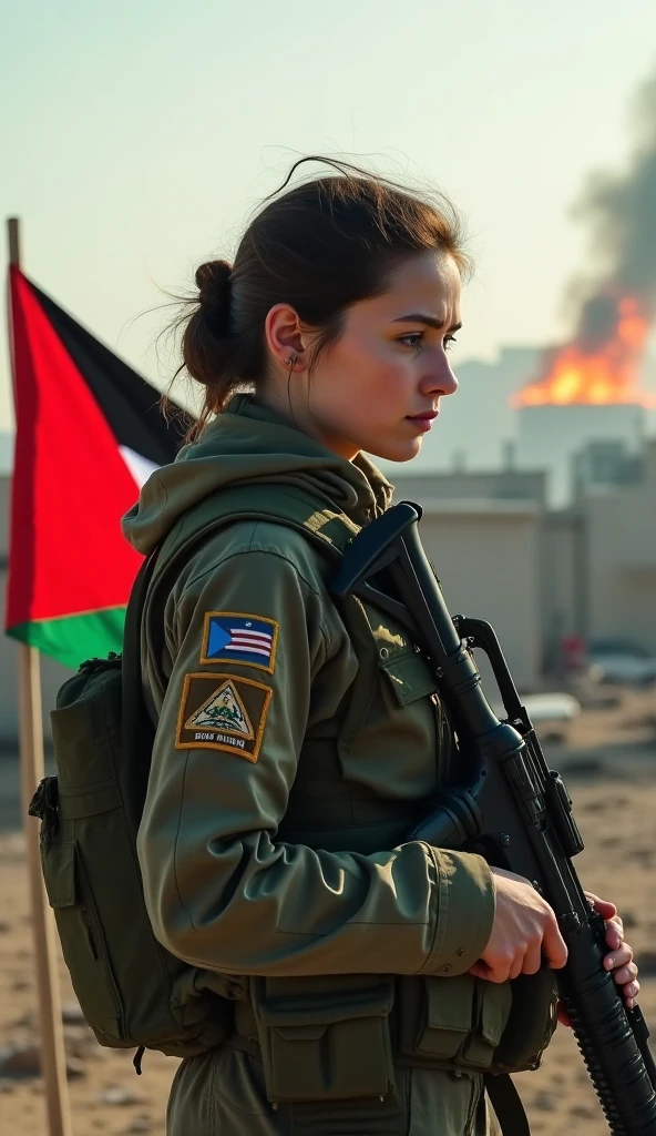 RAW photo, a portrait photo of fadeev , full body, natural skin, 8k uhd, high quality, film grain, <lora:fadeev2:0.8>, blonde hair, hair in bun, israeli military uniform, posing, explosions in the background