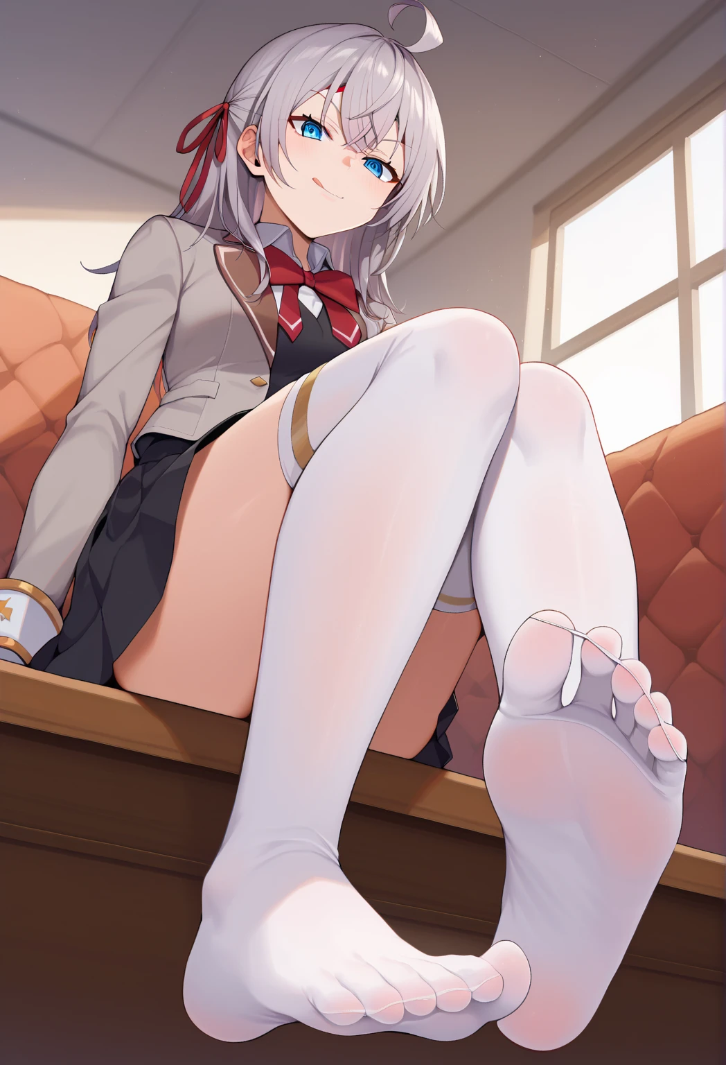 (masterpiece:1.2), hyper detail, best quality, (intricate_details:1.1), beautiful detailed, beautiful hair, solo,1girl,shigure ui,hair rings, green eyes, pom pom hair ornament,red sailor collar, long sleeves, striped jacket, braid, vertical_striped skirt, vertical stripes,red beret hat,thigh focus,legs focus,sitting,from below, sweating,heavy breathing,steam,blush,looking down,flipped hair,sitting,thigh,legs focus,feet,five toes,one feet have five toes,2feet,2legs