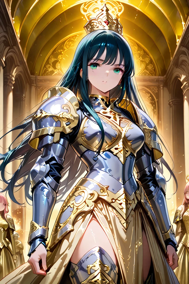 ((best quality)), ((highly detailed)), masterpiece, ((official art)), detailed face, beautiful face, (detailed eyes, deep eyes), (1girl:1.33, solo), <lora:paladinFashion_v10:.5>, Paladin, paladin_glam, paladin armor, (holding a spear), (golden glow), (((android)), robot limbs, robot body, (brass_(material)), biomechanical, mechanization, (metallic skin:1.33), lights, LEDs, wires, cables, shiny skin, ball-joints, doll-like joints, (abs), (metallic hair:1.3), (motorcycle helmet, covered face, face hidden, large breasts, mechanical wings)