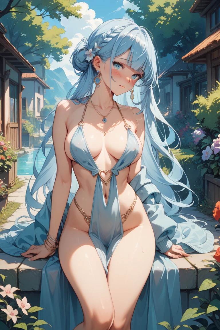 Highest quality、Highest quality、masterpiece、(8K resolution),beauty(Age 25)、(Mature Appearance)、Light blue long hair(Braiding of sides)、blue eyes、((Naked))、(Elf)、Big cleavage、((Big Breasts))、smile、blue necklace、Blue Earrings、background(Beach)、Please open your mouth wide、bracelet、Dynamic pose、Blue choker