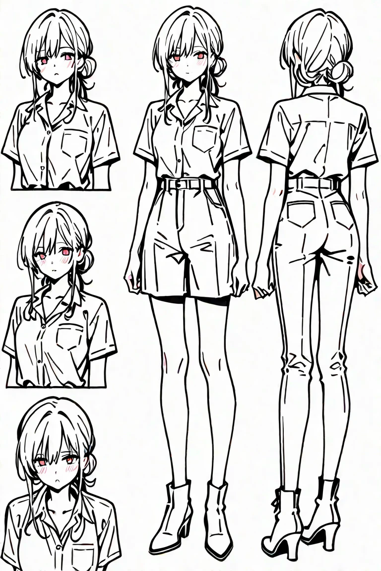 (masterpiece, best quality) detailed, girl, drawing reference, reference, lineart, sketch, Crop tops and short shorts, hips, short hair, leg tattoo (character design sheet, same character, front, side, back)