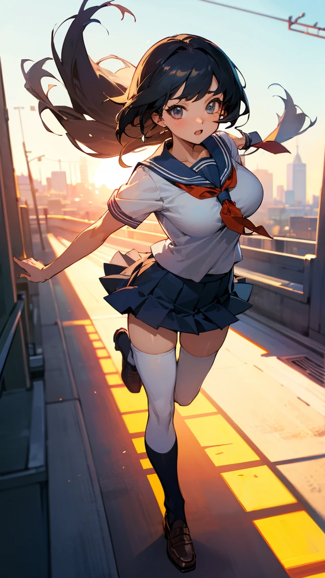 1girl,solo,cool,jumping,artistic jump,mini skirt,casual fashion,big breast,cleavage,building,rooftop,jump off a building,low angle