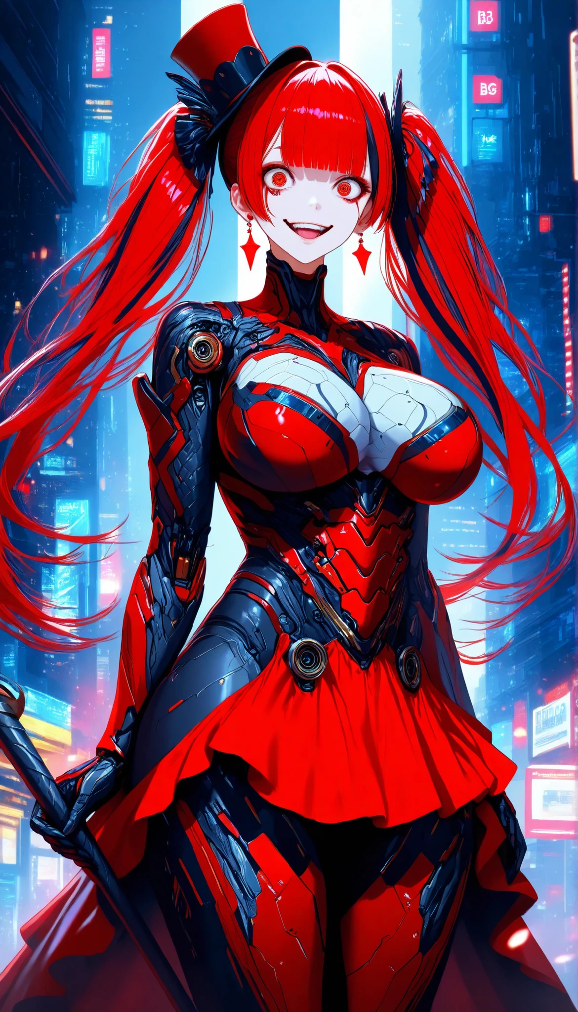 SOLO,Cyberpunk city background, A female robot with perfect body,big oppai,(White and Red hair), Wearing (White and Red) biological armor,(White and Red Princess dress hem), multicolored hair, twintails, blunt bangs,(White and Red Mini top hat), Crazy eyes, crystal earrings, crazy smile, social media composition,(Holding A White Short Cane with Rudy),UHD, anatomically correct, masterpiece, textured skin, high details, highres, 1080P, 16k, accurate, Beautiful face, Perfect face, Highly detailed beautiful face and eyes, Attractive face, Detailed face, Delicate facial features, Detailed skin,Cowboy shot,Look at the viewer,(((hbig bosom)))