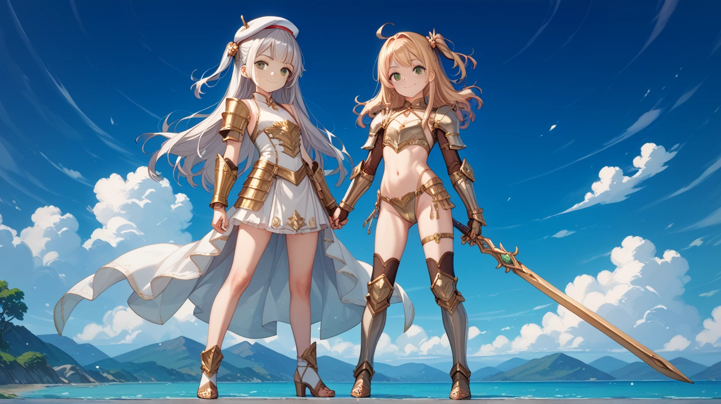 2 girls,armor, bare breasts, pelvic curtain, groin,((flat chest)),slender,long hair,(loli),white hair,(((helmet))), Colosseum,weapon,