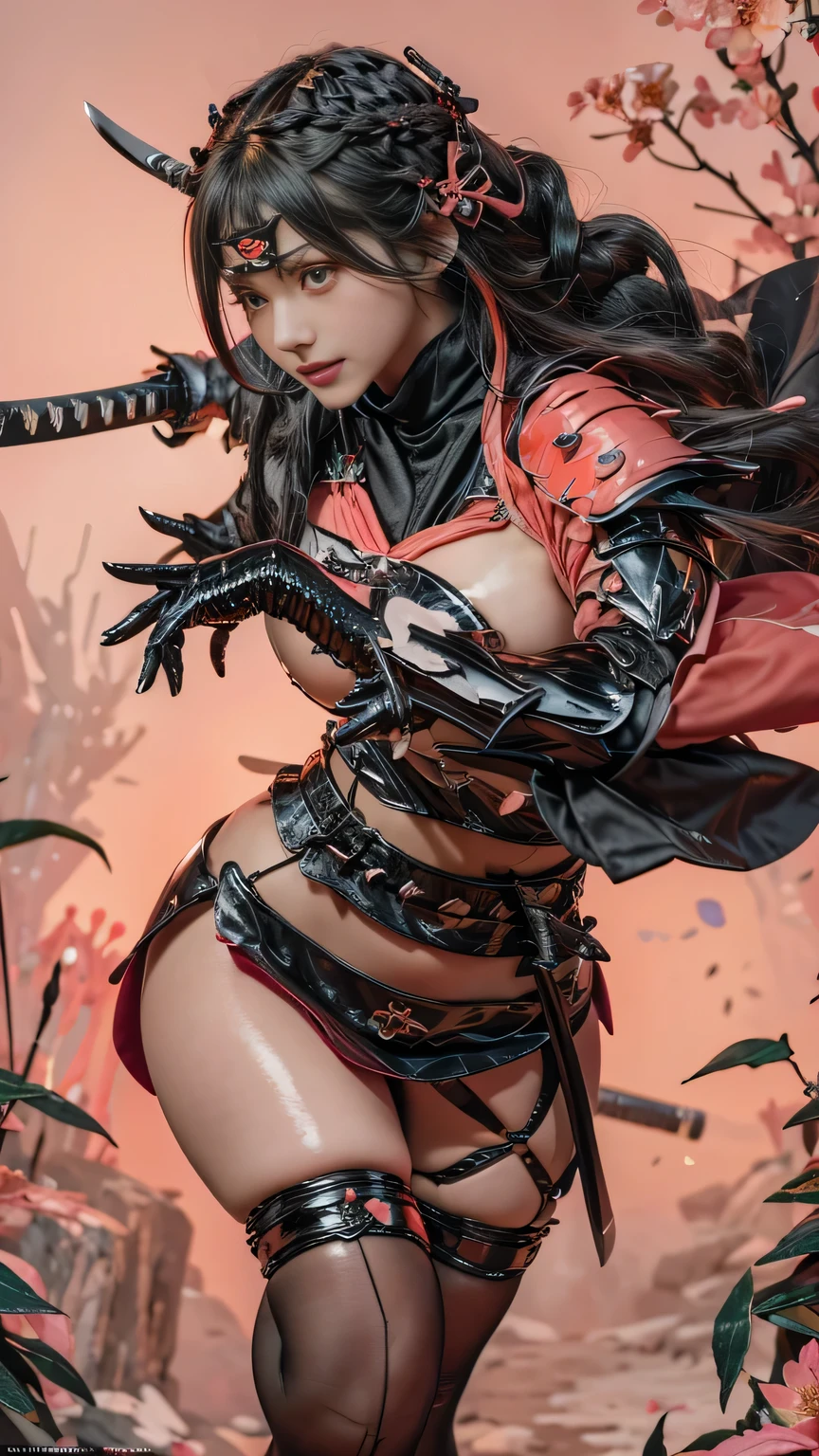 Best Quality,8k,best image quality,young woman,1 person,Oiran,(wielding a katana with great force:1.8), very detailedな,(seductive smile),(from front:1.6),(leaning forward:1.8),(battle pose:1.3), Brilliant Appearance ,extremely detailed, Imaginative,sensual ,Best Quality, skin texture,(Milkmaid braid:1.8),(black hair:1.8),muscular,(huge breasts:1.3),(underboob:1.8),( light coral Samurai armor:1.8),(black cloak),(gypsy skirt),(garter belt),(black tights,zettai ryouiki),absolute region with to,Intricate Details ,crepuscular rays:1.3,(A field of blooming Renge azalea in full bloom:1.8),(light coral background:1.6),(), RAW photos , 8k, masterpiece, Best Quality,ultra detail,very detailed, Intricate Details ,high resolution,超Intricate Details,very detailed 8k cg wallpaper,