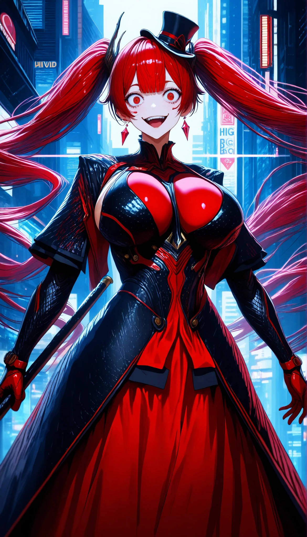 SOLO,Cyberpunk city background, A female robot with perfect body,big oppai,(White and Red hair), Wearing (White and Red) biological armor,(White and Red Princess dress hem), multicolored hair, twintails, blunt bangs,(White and Red Mini top hat), Crazy eyes, crystal earrings, crazy smile, social media composition,(Holding A White Short Cane with Rudy),UHD, anatomically correct, masterpiece, textured skin, high details, highres, 1080P, 16k, accurate, Beautiful face, Perfect face, Highly detailed beautiful face and eyes, Attractive face, Detailed face, Delicate facial features, Detailed skin,Cowboy shot,Look at the viewer,(((hbig bosom)))