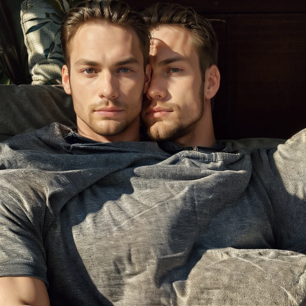 Man, kissing with man, short blond thick flat hair, and blue eyes, sleeping, attractive male, handsome male, handsome young man, handsome and attractive, blonde and attractive features, attractive man, attractive young man, cool _ hairstyle, blond man, slim man with light tanned skin, Young man with long length, 8k