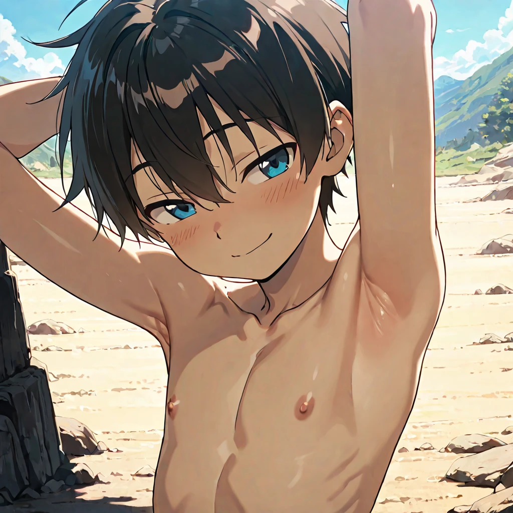 Highres, Masterpiece, Best quality at best,Best Quality,hight quality, hight detailed, 1boy, Brown hair, messy hair, Shota, Sweat, Shirtless, upper body, Depth of field, Anime Screencap Style, thin line, Seen from front, look good boy, Cute boy, (Showing armpit:1.3), (very small and short stature), (very young boy), s, Blurry beckground