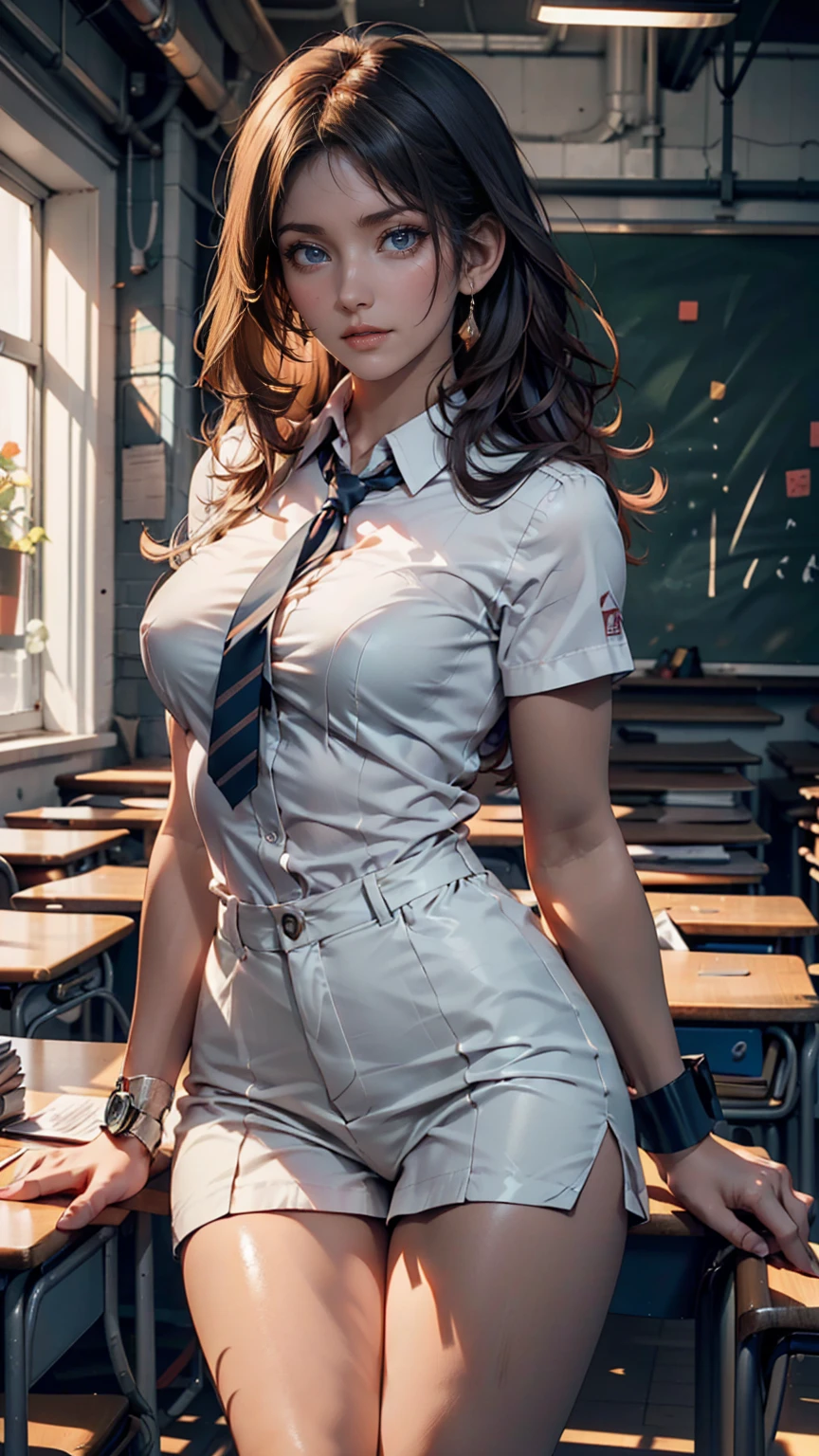 (masterpiece, best-quality, (((stunningly beautiful))), cyberpunk, 18-year-old sexy girl) with a rebellious look, big blue eyes, red hair, (sexy leather catholic school style uniform):1.41, (((shirt partly opened and tied off just below her breasts))), (medium-large breasts):1.3, (slender thighs, focus on thighs):1.44, (slim calves):1.31, Dr. Marten's style platform boots:1.34, seductive, (((legs partially spread))):1.45, (((sitting on a teachers desk in a classroom))):1.5, (cleavage shot):1.35, panty shot, (lots of tattoos):1.44, at a preppy finishing school, natural beauty, natural beauty:1.5, (((cinematic movie still, masterpiece, best quality, absurd resolution, 8k, Monte Carlo Ray Tracing:1.2, path traced subsurface scattering))), (((HDR, UHD, volumetric lighting, Unreal Engine 5, Unity Engine, Blender, octane render))), (((exquisite subject composition and use of lighting:1.4, exceptional, award-winning shading:1.38, sharp focus:1.35, low angle, ominous mood,))) (((facing the viewer, repeat positive prompts, repeat negative prompts))), (((HDR, 8k, UHD 8K resolution, wide-angle lens, (low angle:1.3), full shot photograph, absurdres))), (((maximum detail, photorealistic, realistic, ultra-realistic)))