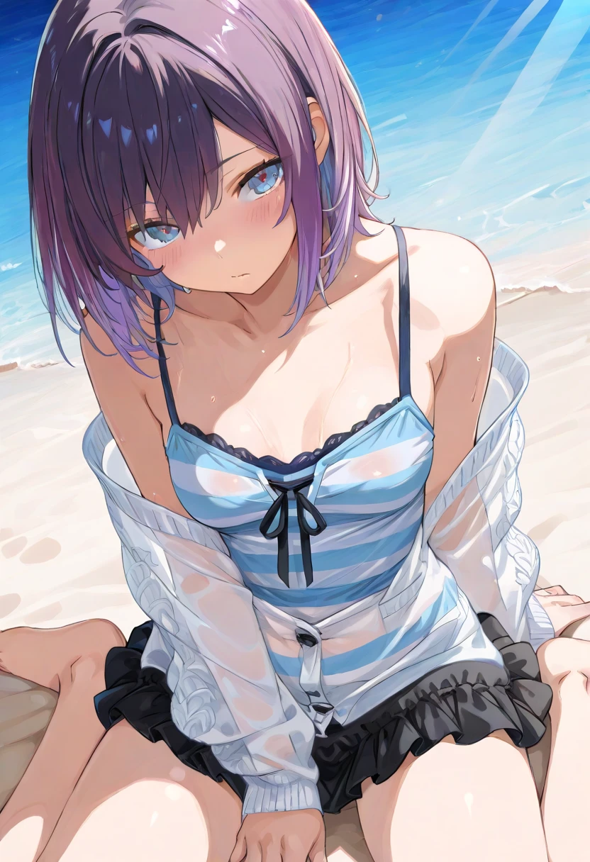 (masterpiece), (best quality), (ultra-detailed), (best illustration), (best shadow), (absurdres), Female, 25 years old, looking at viewer, steam, shy, nose blush, nsfw, medium breasts, nude, o-face, climax, light smile, Kochou Shinobu, Forehead,Black shirt,Black pantsuit,haori,butterflys,obi strip, purple flower,mostly cloudy sky,rays of sunshine,Tyndall effect,Gradient_sky,the face,beautiful sky,Saber on the waist,captivating posture, (Off-the-shoulder attire:1.3), light smile,