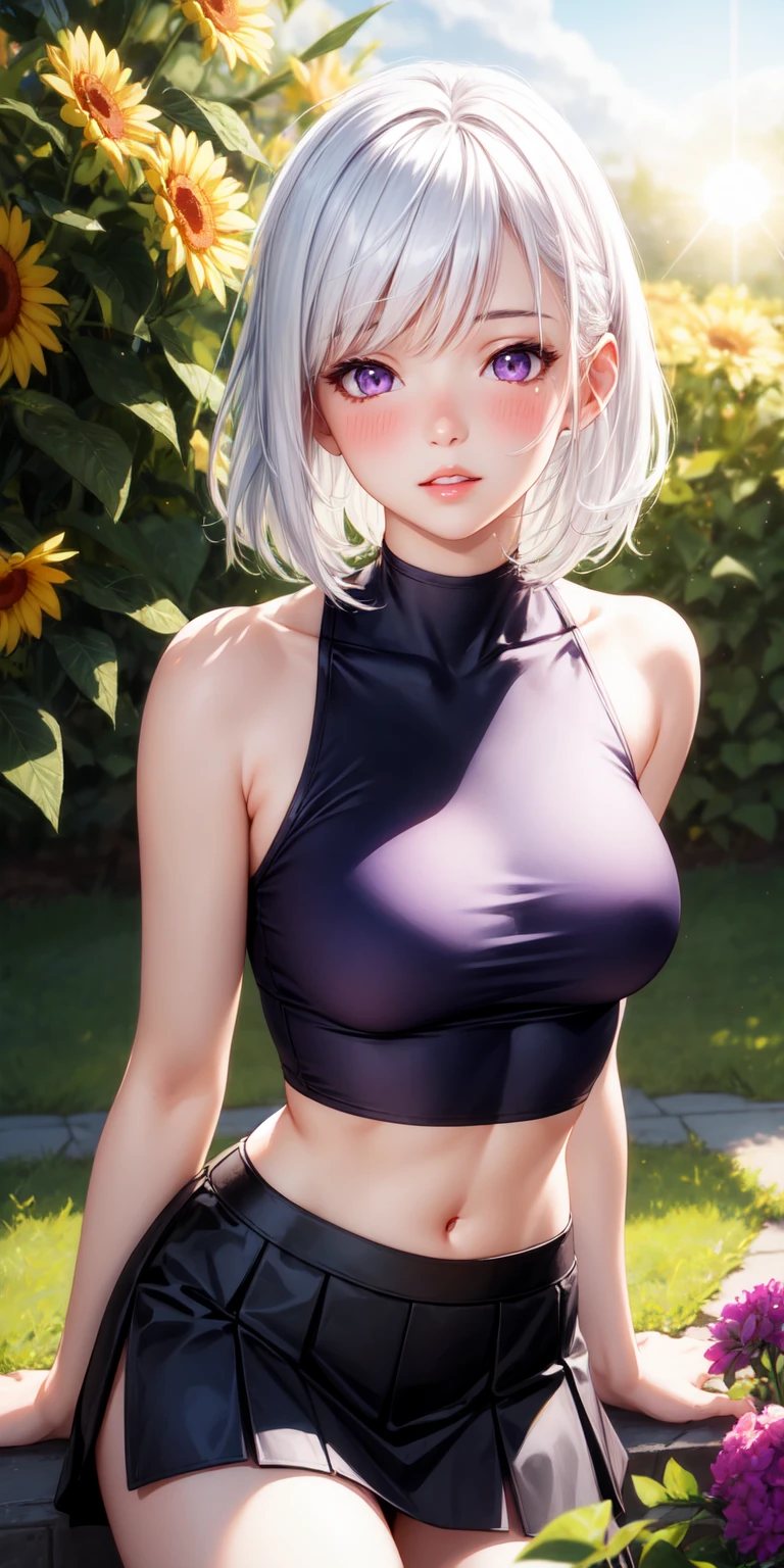 NSFW,(((perfect anatomy,realistic:1.4,RAW Photography:1.4,masterpiece、highest quality、Ultra - High resolution、High resolution、Highly detailed CG、8K))),cowboy shot,1 female,solo,18 year old beauty,Japanese,((beautiful detailed face and eyes:1.3,big gorgeous eyes:1.3,gray eyes)),white hair, inner color hair, short bob hair,blunt bangs,blush,(medium breasts,slender body,small head:1.3,skinny),(gleaming skin,shiny skin,sweat:1.4),(Wet crotch),(black shirt ,Long sleeve、Bare legs),full open shirt ,((spread legs)),、bottom less, show off pussy, no bra, lift up shirt ,(love juice)