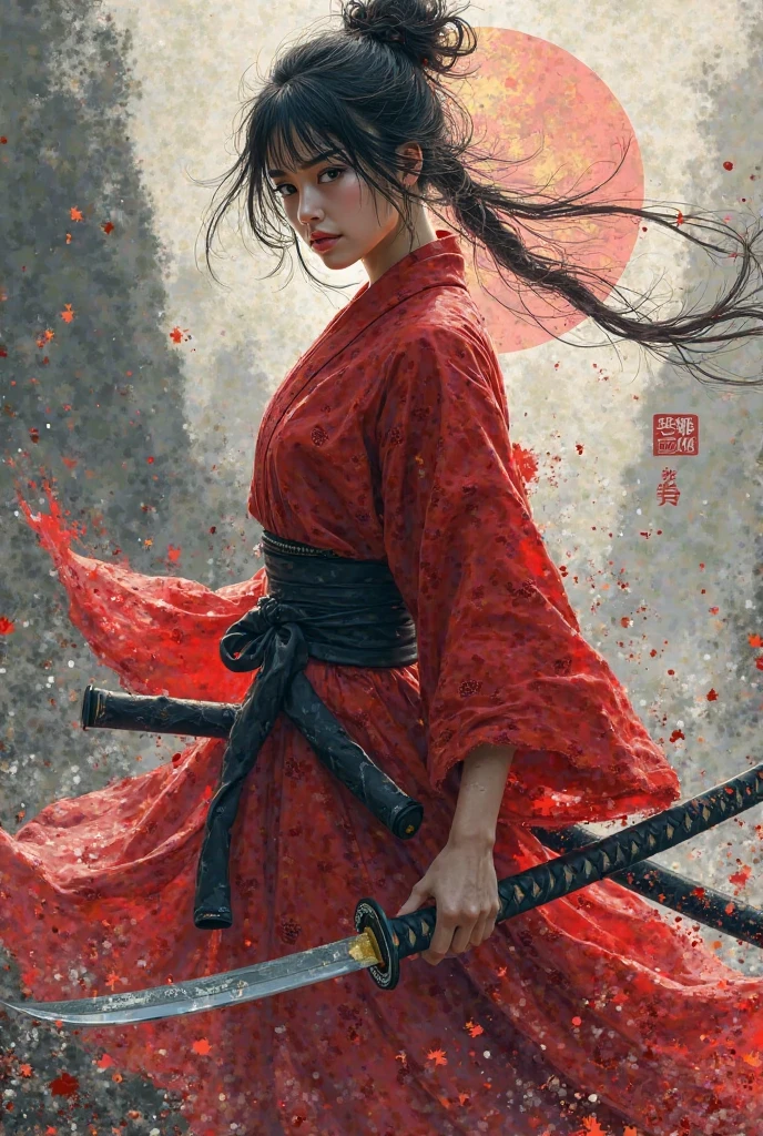 ((masterpiece, of the highest quality, Maximum image quality, High resolution, photorealistic, raw photo, 8k)), ((Extremely detailed 8k unified CG wallpaper)), jardin chica samurai, black hair tied back, Detailed beautiful face, Detailed female hands, wearing a black kimono and red details , a black hakama, Crouching over some flowers, Holding a fan, Seen from the side.