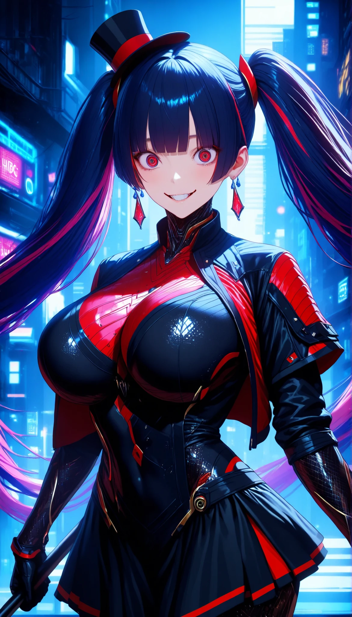 SOLO,Cyberpunk city background, A female robot with perfect body,oppai,Wearing Red biological armor,Red Princess dress hem,((Wearing Black short jacket vest)), multicolored hair, twintails, blunt bangs,Red Mini top hat, Crazy eyes, crystal earrings, crazy smile, social media composition,(Holding A Black Short Cane with Rudy),UHD, anatomically correct, masterpiece, textured skin, high details, highres, 1080P, 16k, accurate, Beautiful face, Perfect face, Highly detailed beautiful face and eyes, Attractive face, Detailed face, Delicate facial features, Detailed skin,Cowboy shot,Look at the viewer,(((hbig bosom)))