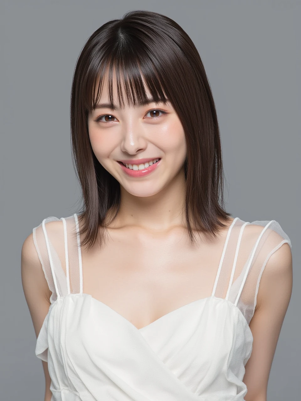 oil(highest quality, 8K, masterpiece, ), (Raw photo), (realistic), (Photoreal:1.2), (High resolution), super detailed, very beautiful face and eyes, 1 girl, round and small face, thin waist, smile、(((small breasts)))、(((white wall background)))、 (Random and cute clothes), (bust shot)、(((brown hair)))、woman's face、(((upper body shot)))、(((lob hair)))、(((lob hair)))、(((cheeks are flushed)))、(((I have brown hair)))、(((Arms folded in front of the chest)))、(((laughing out loud)))、(((open your mouth)))、(((cheeks are flushed)))