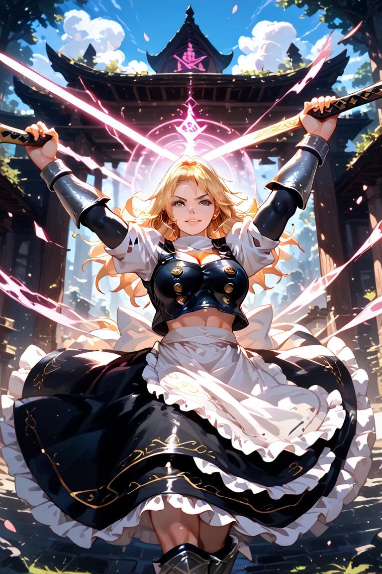kirisame marisa from touhou,,big breasts,cleavage,muscular_girl,big butt,shoulder_armor,armored_boots,vambraces,dual-hand holding_(((glowing)))-longsword,outstretched_arms,arm_up,open_stance,in remains,