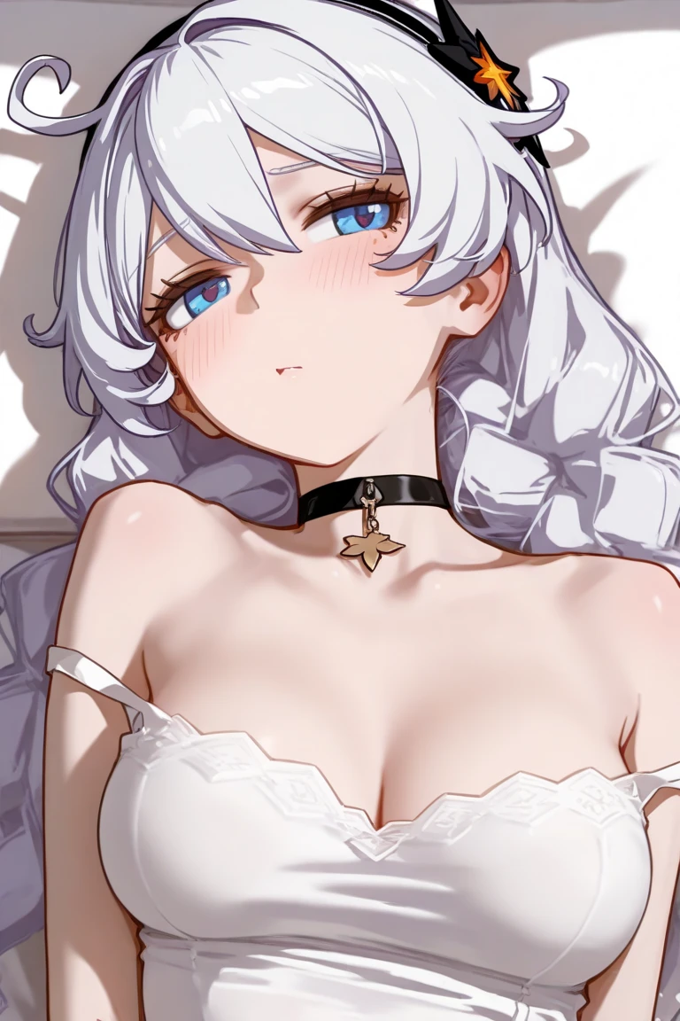girl, laying on belly, laying, face towards camera, short hair, cow girl, cow ears, white hair, bunny suit