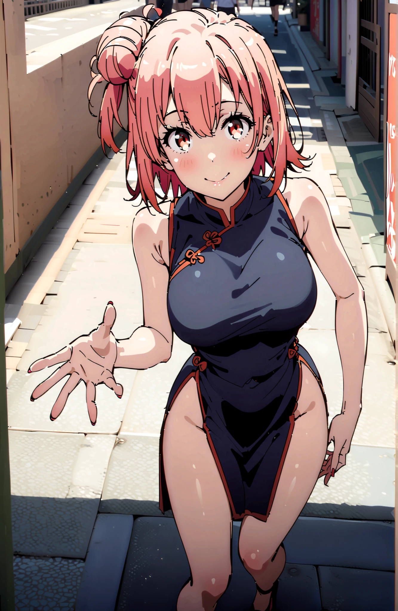 yuiyuigahama, Yuigahama Yui , short hair, brown eyes in the oral vagina, pink hair, single hair bun,Black Chinese clothes ,Big Breasts,smile,blush,grinning,sleeveless,side slits,Bare legs,pin heels,Glowing Skin,Place one hand on one's hip,noon,full bodyがbreak looking at viewer,full body,
break outdoors, Chinatown,
break (masterpiece:1.2),Best Quality ,Kampala,unity 8k 壁紙,(shape:0.8),( fine and beautiful eyes :1.6),It's a person ,full body写真,CG Details , (perfect hand,Complete Anatomy),