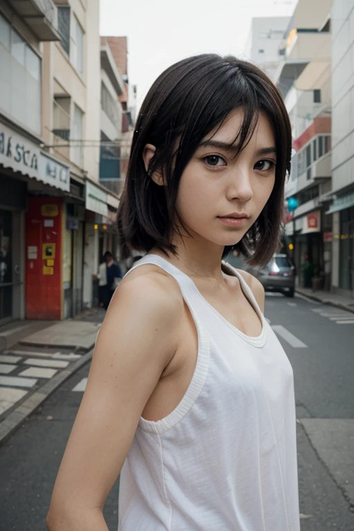 jpn-girl, Professional portrait photography of the face of a beautiful girl with (glossy nude lips) with black eyes, Nikon Z9, looking at the camera, realistic matte skin, highly detailed, skin texture visible, 20 yo,woman wearing dress,blurry background,
A post-apocalyptic cityscape,
,
, <lora:jpn-girl_v1:0.75>,