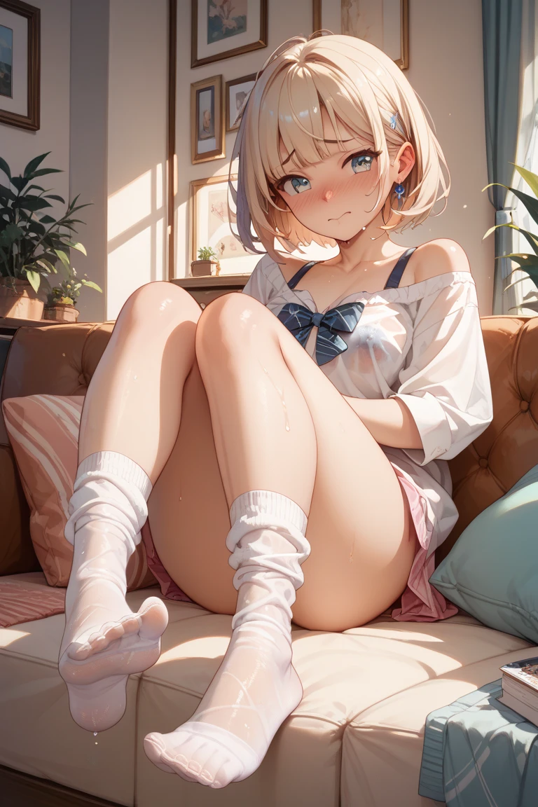 white_skirt,white_panties,blond_hair,white_ankle_socks,best quality,light blush,smile,hide her hands,drooling,pure girl,sit on the bed,full body,