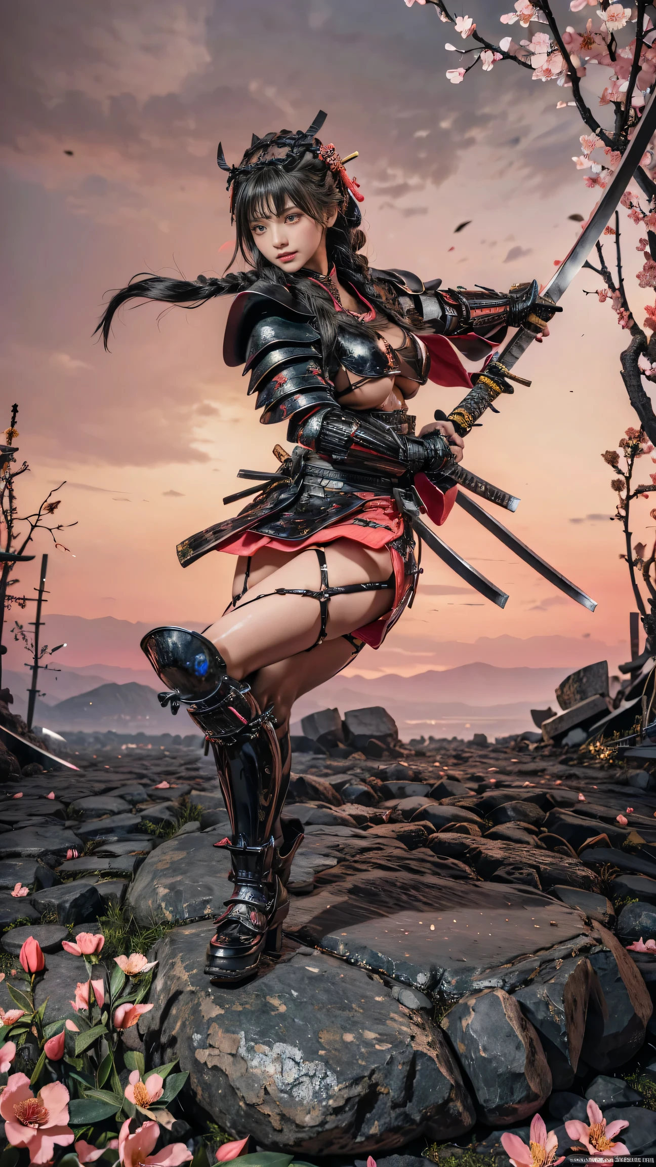 Best Quality,8k,best image quality,young woman,1 person,Oiran,(wielding a katana with great force:1.8), very detailedな,(seductive smile),(from front:1.6),,(full body:1.6) ,(battle pose:1.8), Brilliant Appearance ,extremely detailed, Imaginative,sensual ,Best Quality, skin texture,(Milkmaid braid:1.8),(black hair:1.8),muscular,(huge breasts:1.3),(underboob:1.8),( light coral Samurai armor:1.8),(black cloak),(gypsy skirt),(garter belt),(black tights,zettai ryouiki),absolute region with to,Intricate Details ,crepuscular rays:1.3,(A field of blooming Renge azalea in full bloom:1.8),(light coral background:1.6),(), RAW photos , 8k, masterpiece, Best Quality,ultra detail,very detailed, Intricate Details ,high resolution,超Intricate Details,very detailed 8k cg wallpaper,