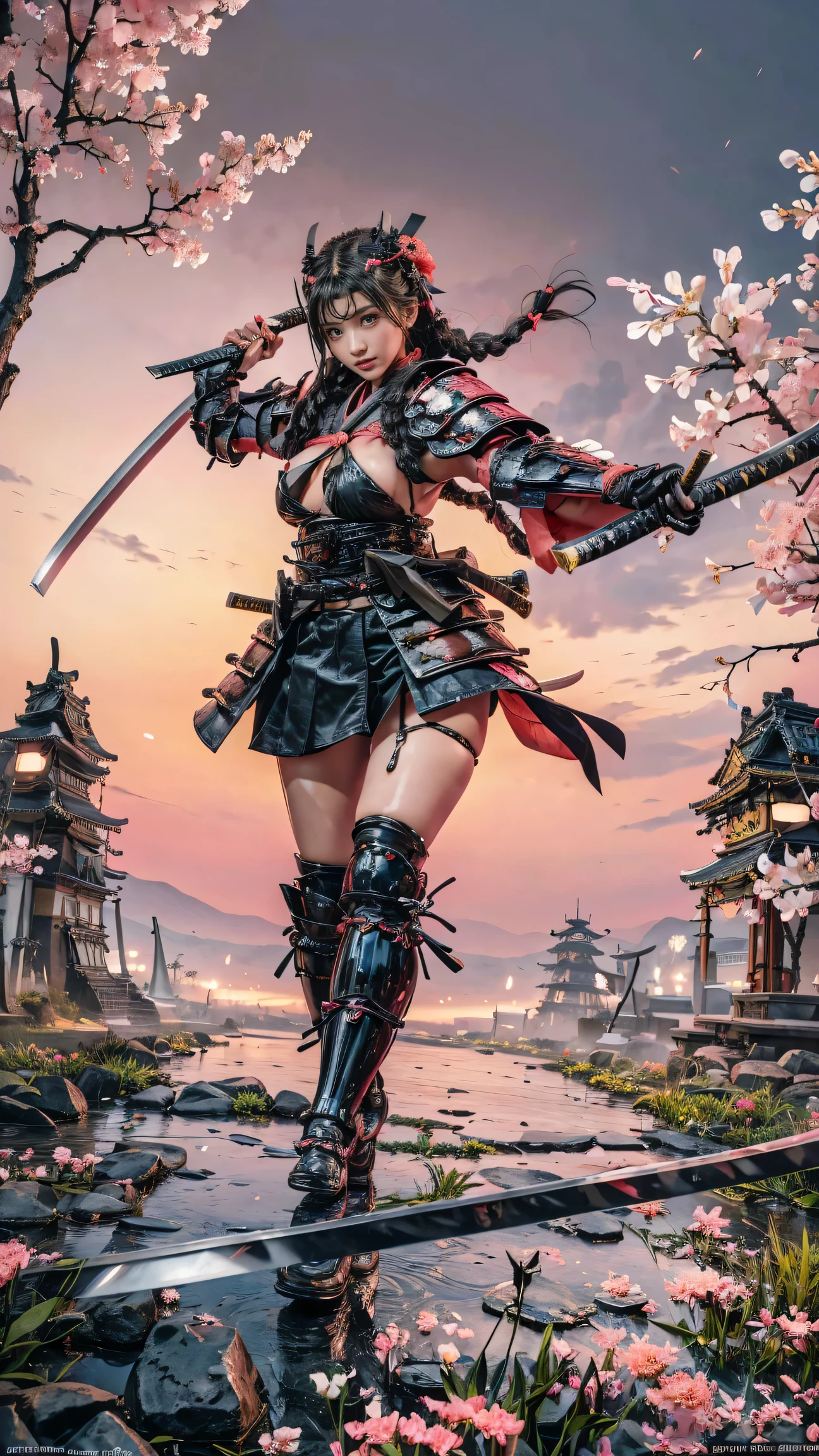 Best Quality,8k,best image quality,young woman,1 person,Oiran,(wielding a katana with great force:1.8), very detailedな,(seductive smile),(from front:1.6),,(full body:1.6) ,(battle pose:1.8), Brilliant Appearance ,extremely detailed, Imaginative,sensual ,Best Quality, skin texture,(Milkmaid braid:1.8),(black hair:1.8),muscular,(huge breasts:1.3),(underboob:1.8),( light coral Samurai armor:1.8),(black cloak),(gypsy skirt),(garter belt),(black tights,zettai ryouiki),absolute region with to,Intricate Details ,crepuscular rays:1.3,(A field of blooming Renge azalea in full bloom:1.8),(light coral background:1.6),(), RAW photos , 8k, masterpiece, Best Quality,ultra detail,very detailed, Intricate Details ,high resolution,超Intricate Details,very detailed 8k cg wallpaper,