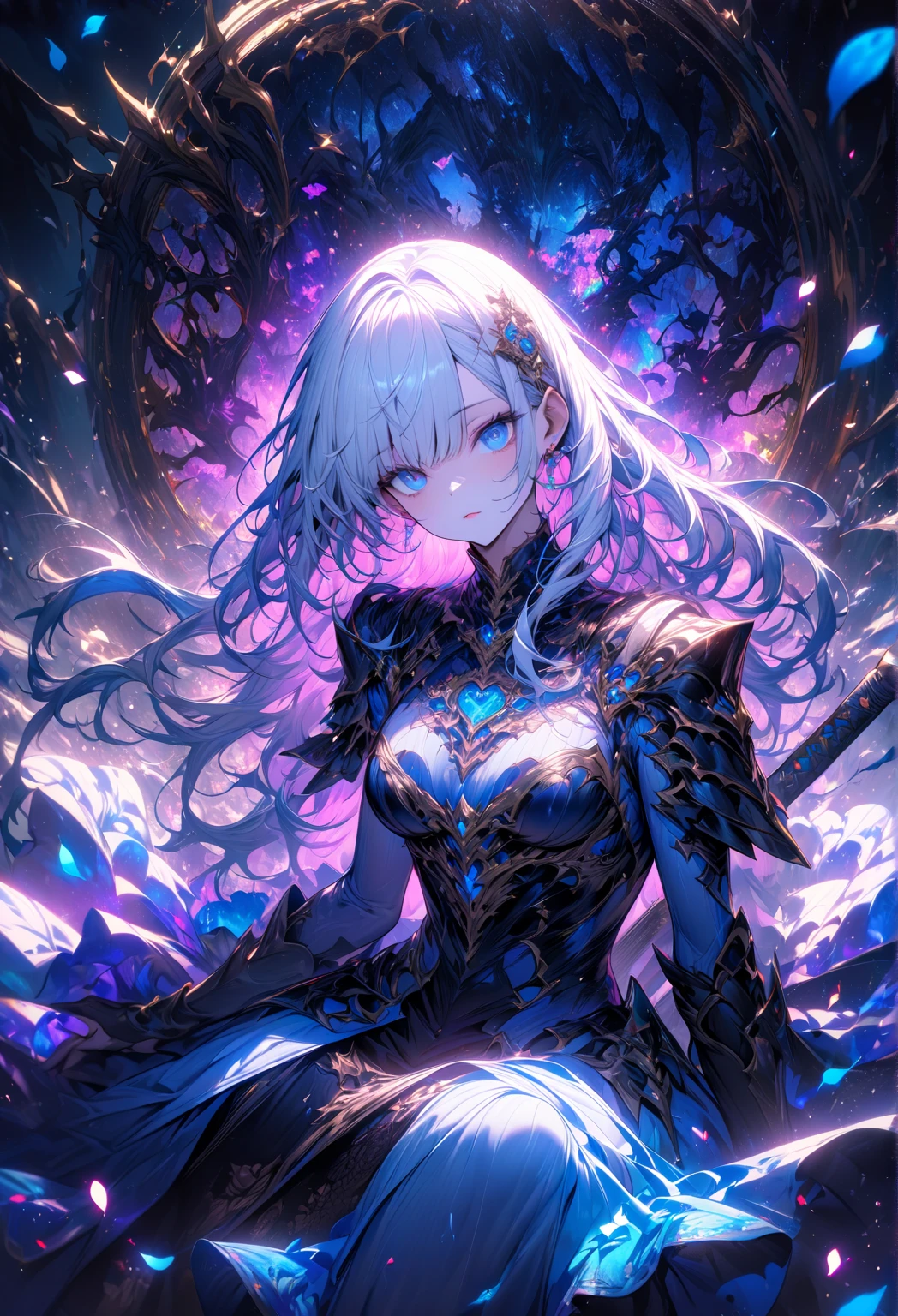 portrait of a dark elf, ((dark skin)), medium length pointy ears, moonlight particals, moonlight aura,(shiny purple eyes:1.2), (silver flowing hair:1.3),light cold smile, cold face, sexy Romanian style costume,( silver jewelry), purple glowing tattoos, mature body,Detailed,Realistic,4k highly detail,by Mappa studios,masterpiece,best quality,official art,illustration,ligne claire,(cool_color),perfect composition,fantasy,focused,rule of third
